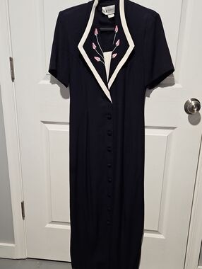 Vtg 90s S.L. Fashions Navy Blue Dress Cream Collared Embroidered Tulip